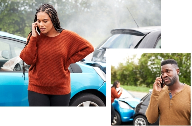 Two drivers on their phones after a car accident